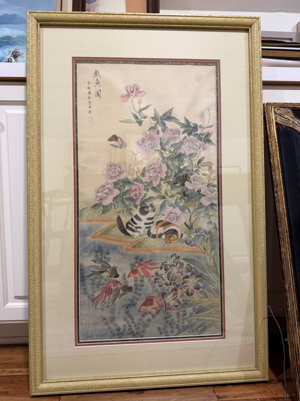 Large Vintage Chinese Brush Art  Botanical and Fish Wall Art in Cream and Gold